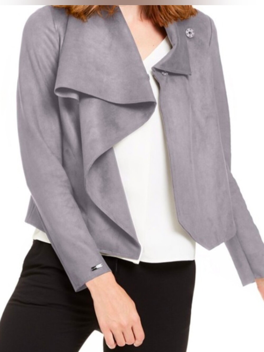 Anne Klein Light Gray Draped Suede-Look Blazer